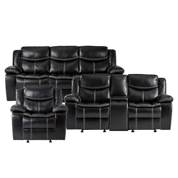 Lazzara Austin 87.5 in. W Pillow Top Arm Faux Leather Rectangle Manual Reclining Sofa Set in Black, 3-Piece
