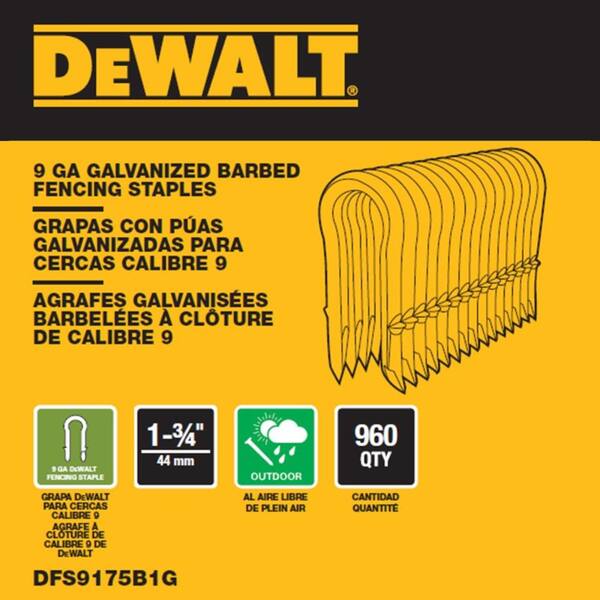 Dewalt 1 75 In X 9 Gauge Galvanized Barbed Paper Tape Fencing Staples 960 Per Box Dfs9175b1g The Home Depot