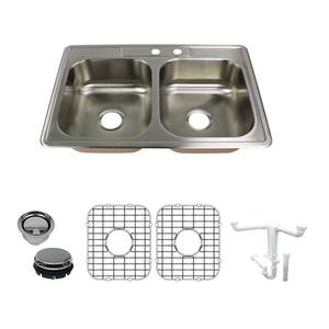 Classic All-In-One Drop-In Stainless Steel 33 in. 2-Hole 50/50 Double Bowl Kitchen Sink in Brushed Stainless Steel