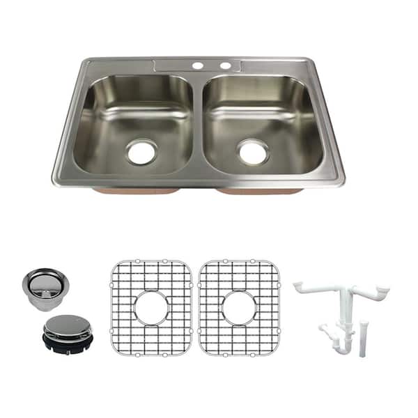 Transolid Classic All-In-One Drop-In Stainless Steel 33 in. 2-Hole 50/50 Double Bowl Kitchen Sink in Brushed Stainless Steel