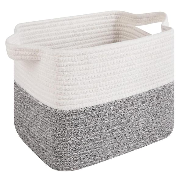 13 x 10 x 9 in Woven Storage Basket,Rectangle Cotton Rope Baskets for Organizing,Grey and White
