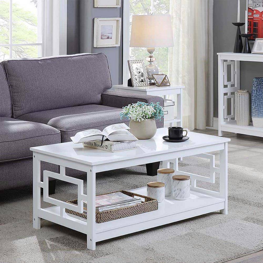 Town Square White Square Wooden Coffee Table with Shelf