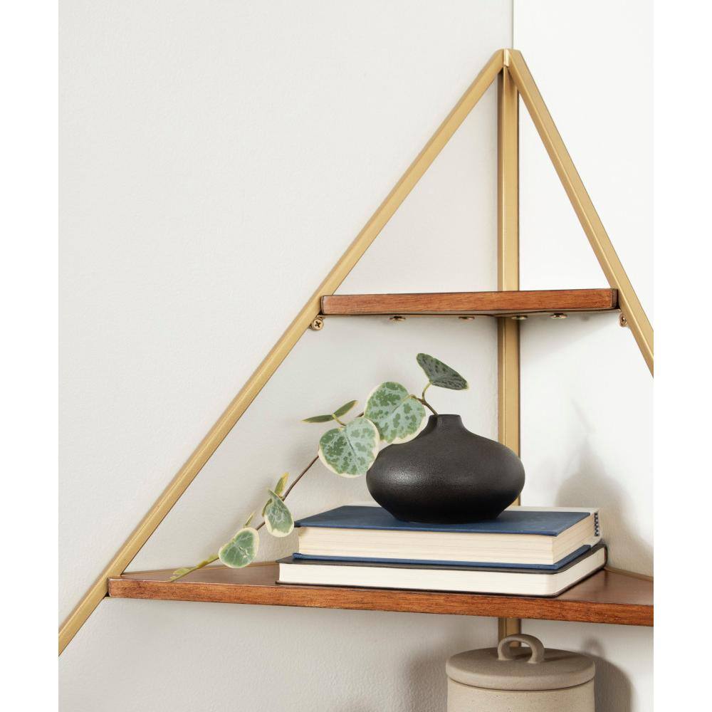 Walnut Brown Floating Corner Shelf with Gold Frame
