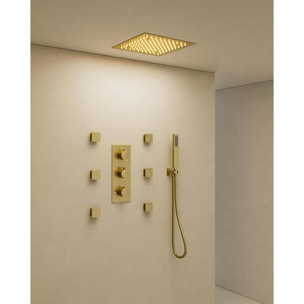 YAWWALK Thermostatic 5-Spray 12 in. Square LED Mood Lighting Shower System with 6-Jets in Brushed Gold (Valve Included)