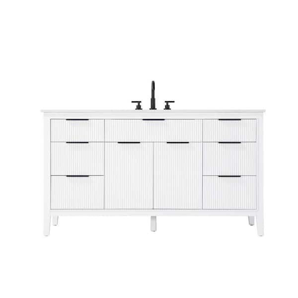 60 in. Single Sink Freestanding White Bath Vanity with Marble White Engineered Marble Top