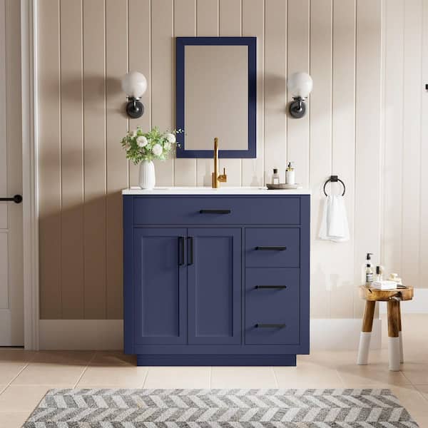 JEAREY 36 in. Navy Wood Single Sink Freestanding Bathroom Vanity