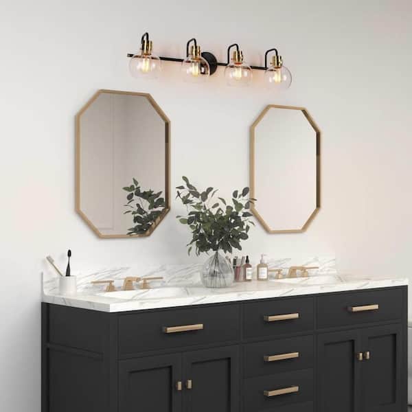 32 in. 4-Light Black Bathroom Vanity Light, Modern Brass Gold Bath Lighting, DIY Globe Clear Glass Indoor Wall Sconce