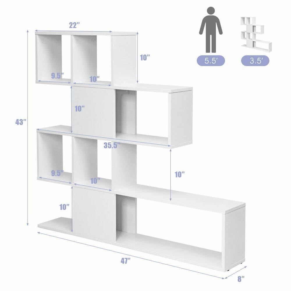 Dimension diagram of the white 5-tier ladder bookshelf showing overall height of 43 inches and width of 47 inches.