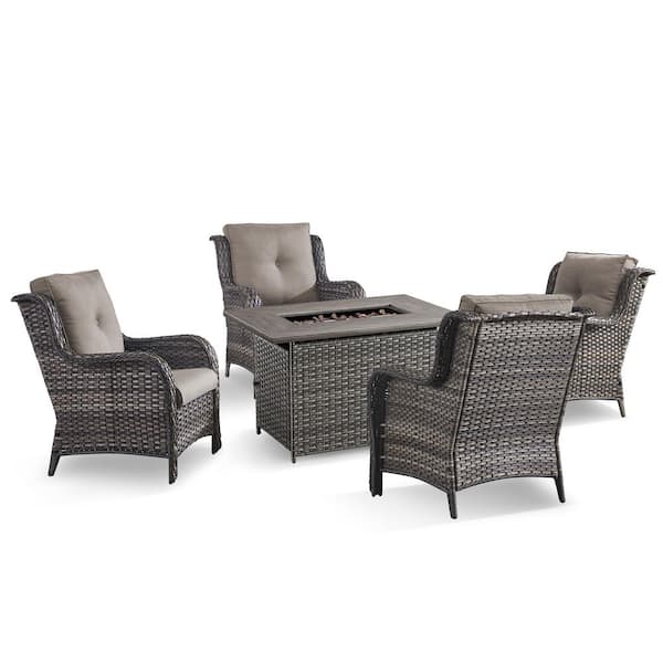 5-Piece Gray Wicker Patio Chairs for 4 with Gas Propane Fire Pit Table Sets Gray Cushions