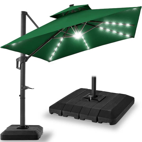 Best Choice Products 10 ft. Solar LED 2-Tier Square Cantilever Patio Umbrella with Base Included in Green