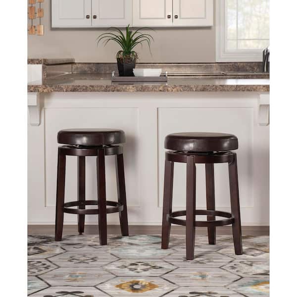 Maya Swivel 25.39 in. Brown Backless Wood Counter Stool with Faux Leather Seat