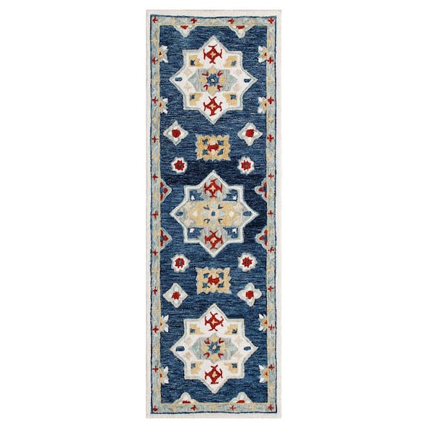 Unbranded Bella Blue/Multicolor 2 ft. 3 in. x 6 ft. 9 in. Eclectic Hand-Tufted Floral 100% Wool Runner Area Rug