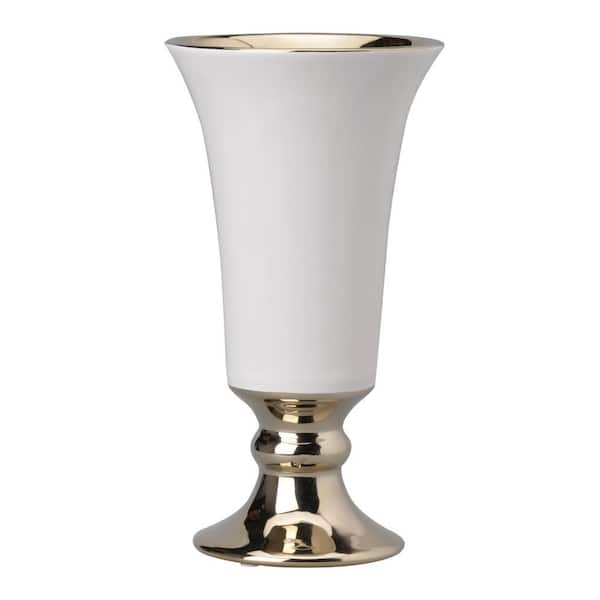 Benjara White and Gold Large Urn Ceramic Vase with Flared Top and Pedestal Base