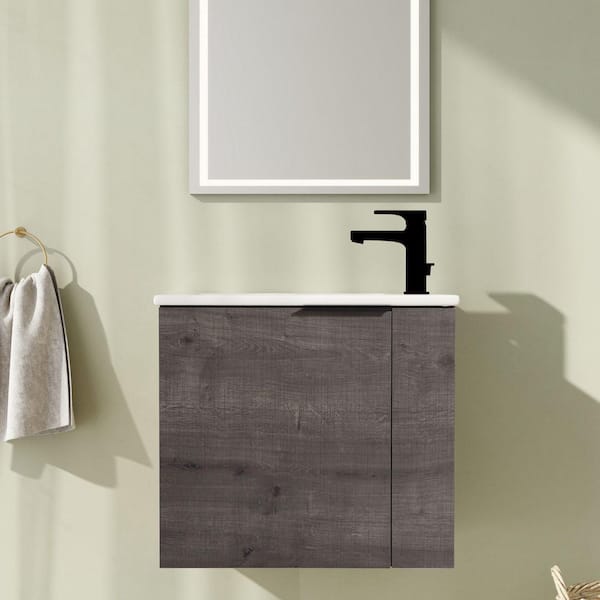 22 in. Wall-Mounted Single Gray Bath Vanity with White Ceramic Vanity Top Unassembled