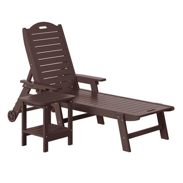 Brighton Outdoor Patio 2-PC Poly Plastic Reclining Chaise Lounge Pool Chair Set w/ Wheels, Side Table in Dark Brown
