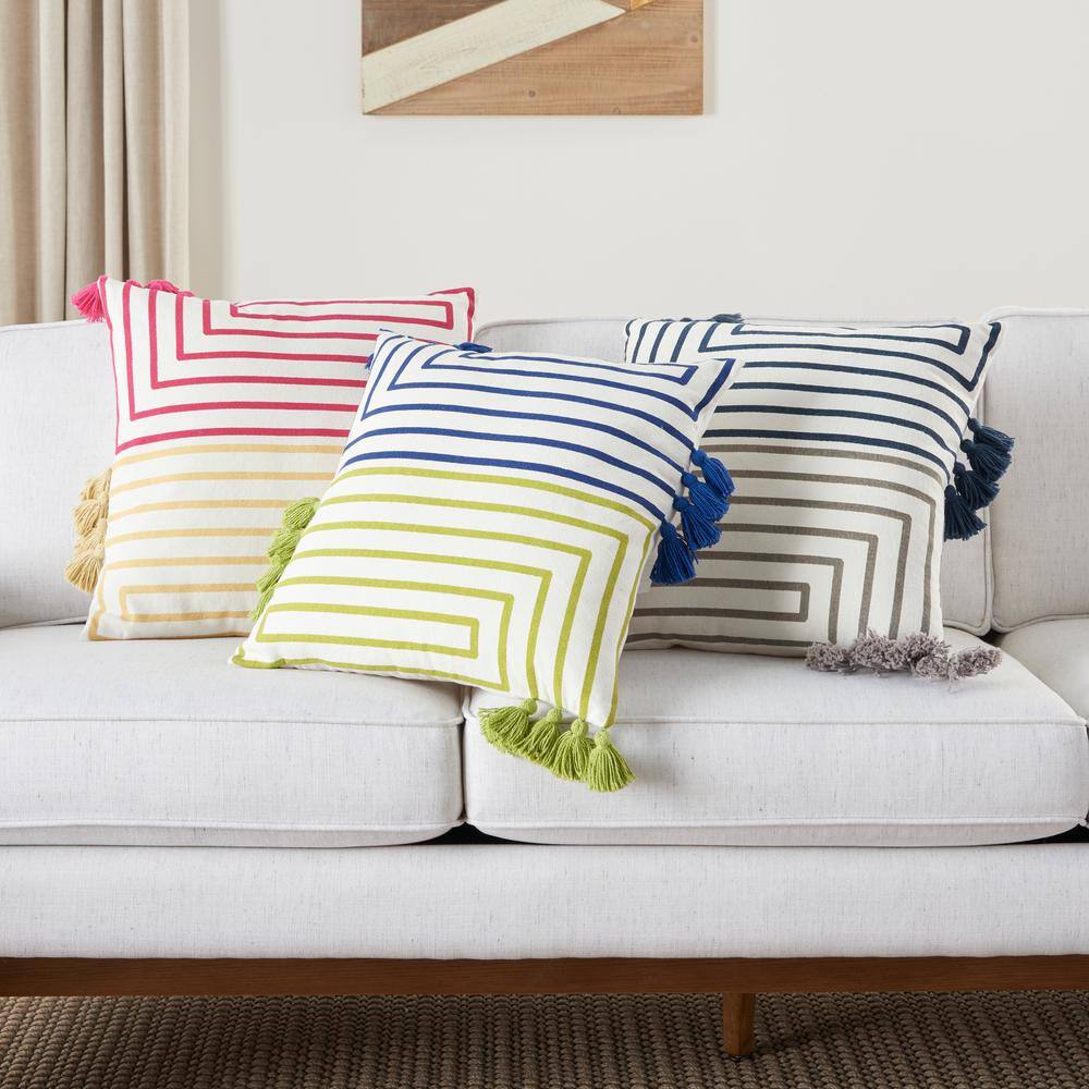 Hot Pink and Yellow Cotton Square Throw Pillow with Tassels