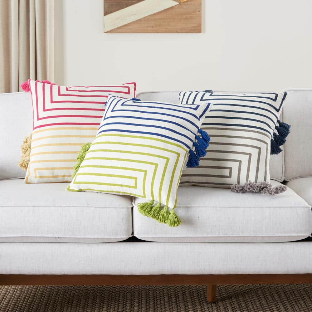 Lime Blue Cotton Square Throw Pillow with Tassels