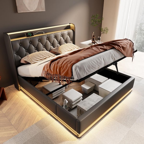 Black Metal Frame Queen Size Upholstered Platform Bed with LED Function and USB Type-C Charging