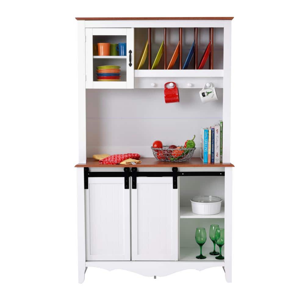 White and Pine Country Barn Door China Cabinet