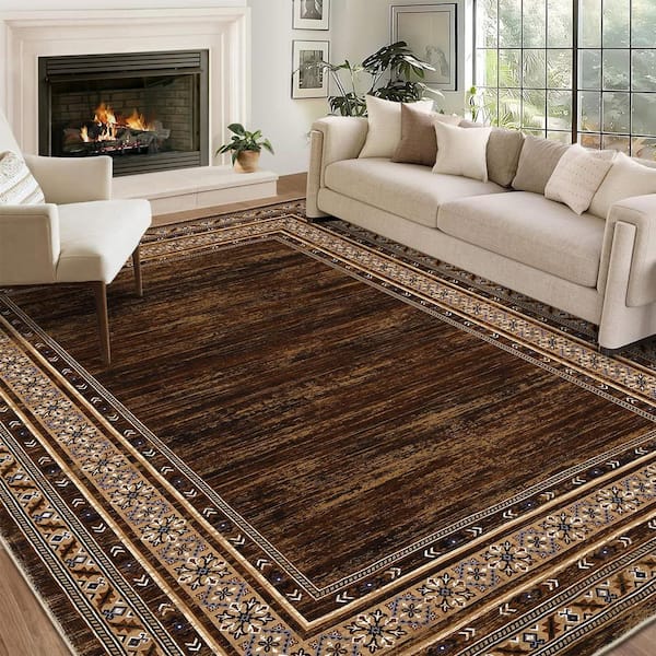 Brown 6 ft. x 9 ft. Washable, Modern Border Design Low Pile Non Slip Indoor Carpet for Living Room Bedroom Area Rug