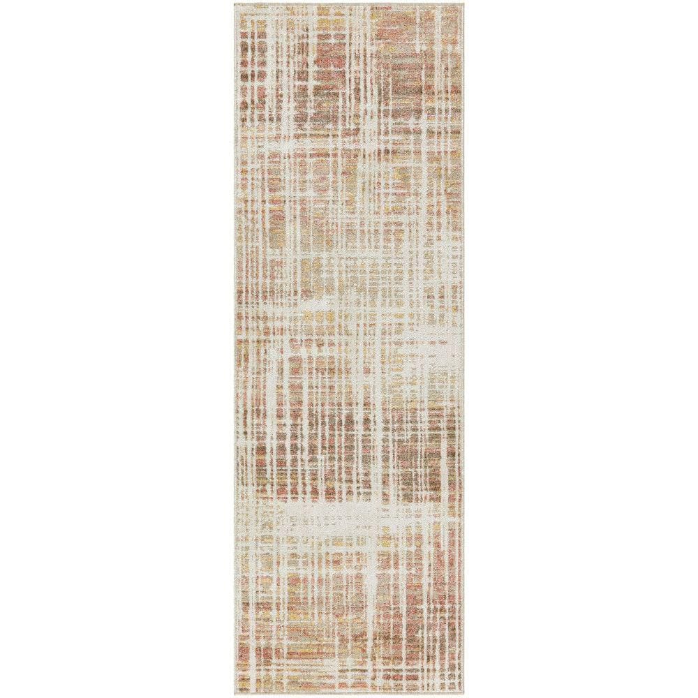 Beige Peach Abstract Polyester Machine Washable Runner Rug