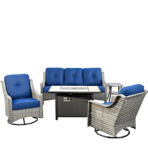 Eureka Gray 5-Piece Wicker Outdoor Patio Conversation Sofa Chair Seating Set with Metal Fire Pit and Navy Blue Cushions