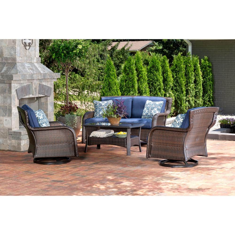 Hanover Strathmere 4-Piece Wicker Patio Sectional Seating Set with Navy ...