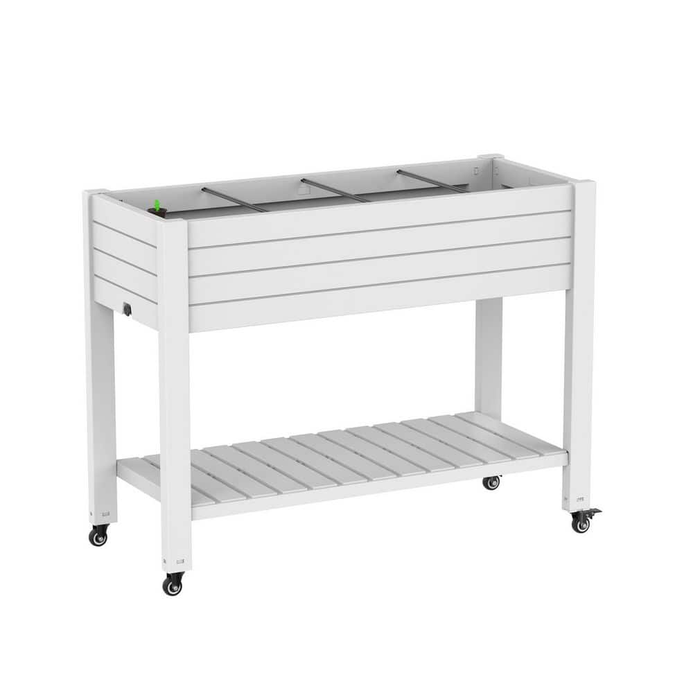 Plastic White Plant Reinforced Large Planter Box with Wheels and Storage Shelf (43.31 in. H x 17.72 in. x 33.66 in.)