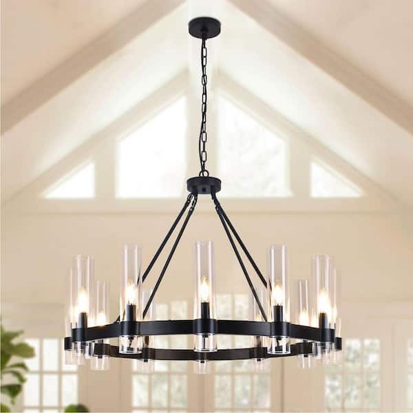 12-Light Black Candle Style Wagon Wheel Chandelier withClear Glass Shade for Dining Room Kitchen Island
