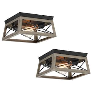 Mousse 12 in. W 2-Light Flush Mount with Matte Black Finish and Anchor Grey Oak Accents(2-Pack)