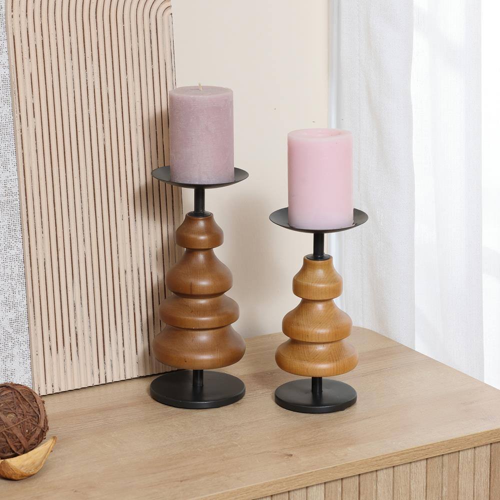 Birch Wood and Black Iron Pillar Candle Holder Set