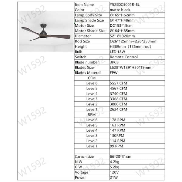 52in.Indoor Black Ceiling Fan with Lights Remote Control,Quiet DC Motor 3-Blade Ceiling Fans 6-Speed Levels