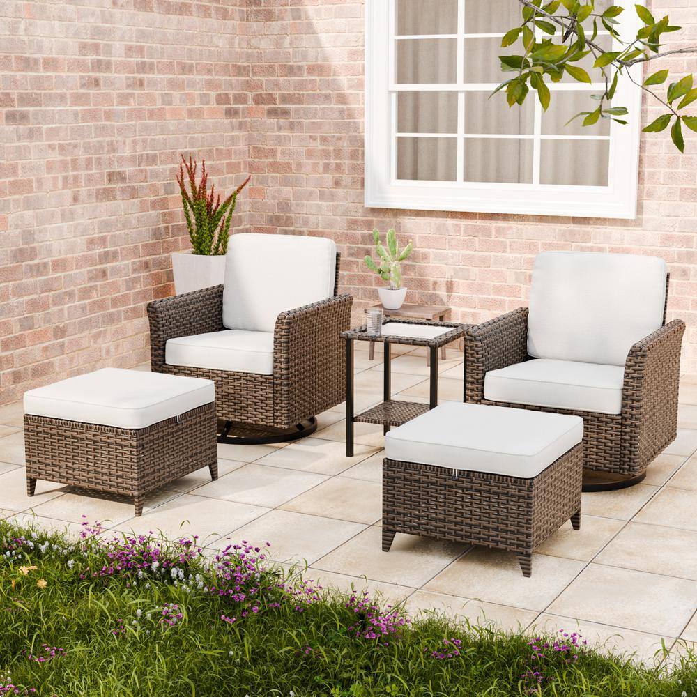 5-Piece Beige Cushioned Brown Wicker Outdoor Conversation Set