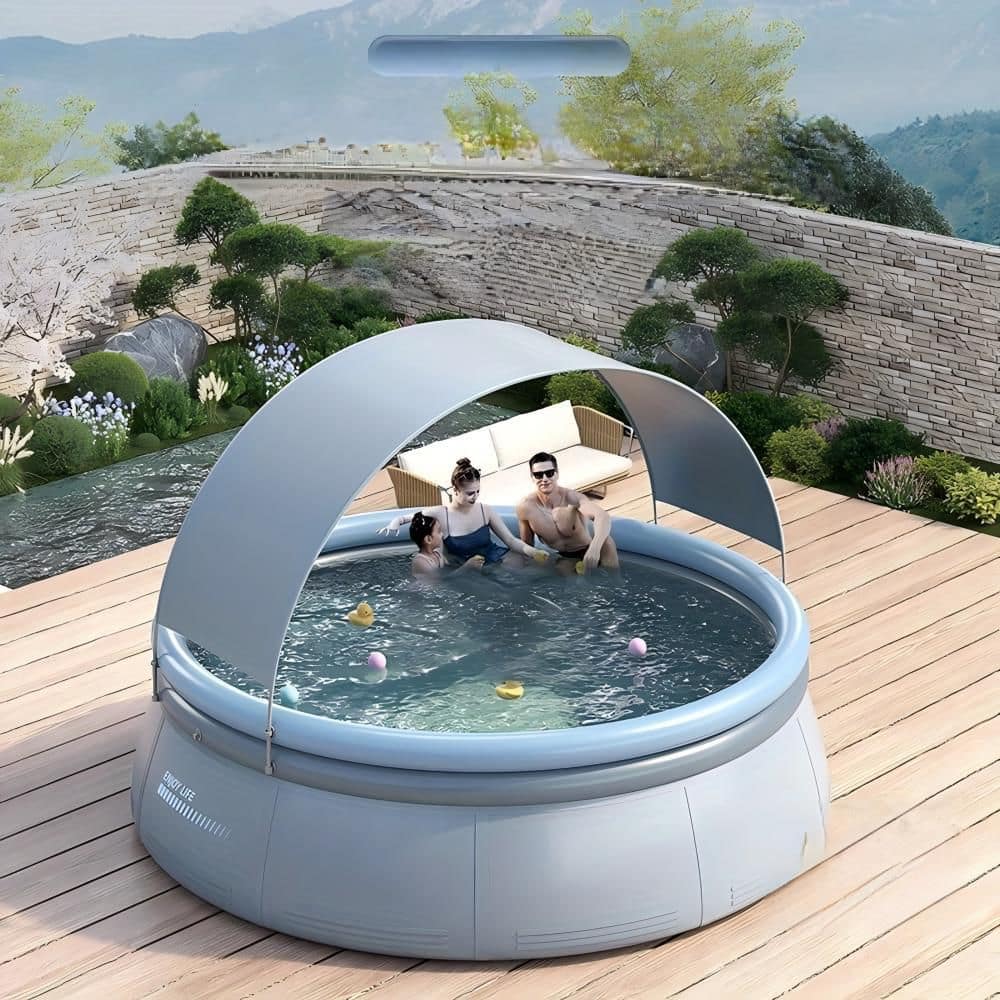 Huluwat Aqua Gray 12 ft. x 12 ft. Round 30 in. H Inflatable Pool with ...