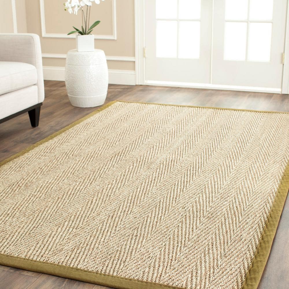 Natural Herringbone Seagrass Area Rug with Olive Border