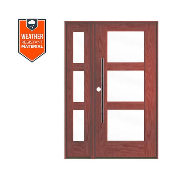 Krosswood Doors Modern Faux Pivot 50 in. x 79 in. 3-Lite Right-Hand/Inswing Clear Glass Redwood Stain Fiberglass Prehung Front Door wLSL