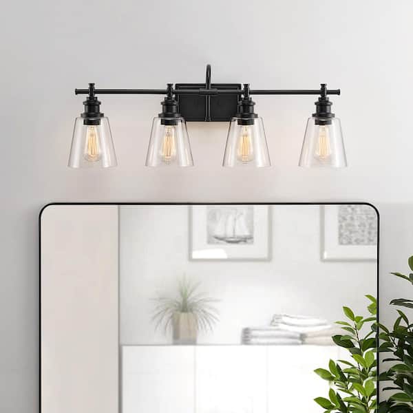 KAWOTI 32 in. 4-Light Matte Black Vanity Light with Clear Glass Shade