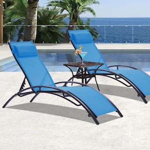 2-Piece Aluminum Adjustable Backrest Outdoor Paito Chaise Lounge Chair Recliner Set with Cushion in Blue