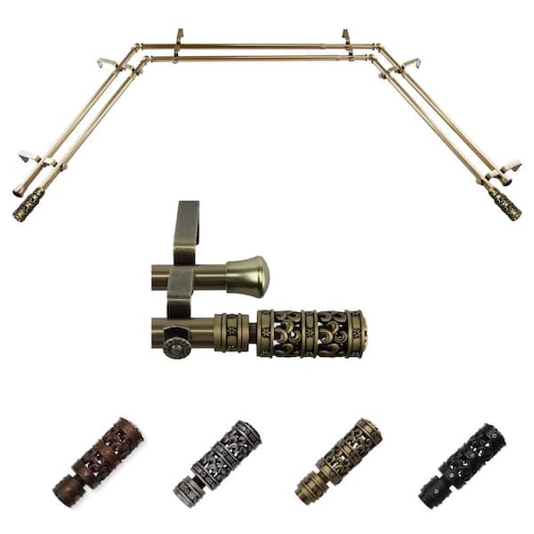 EMOH 13/16" Dia Adjustable 20"-36", 38"-72" Bay Window Double Curtain Rod with Rey Finials in Antique Brass