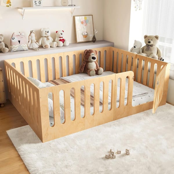 Low-Profile Natural Queen Size Wood Frame Montessori Bed Floor Bed, Kid Bed with High Security Fence, Door