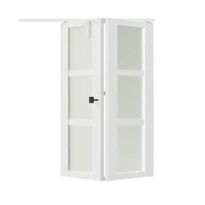 36 in. x 80 in. 3-Lite Frosted Glass Solid Core White Finished MDF Bi-fold Door with Lock, Handle, and Hardware Kit.