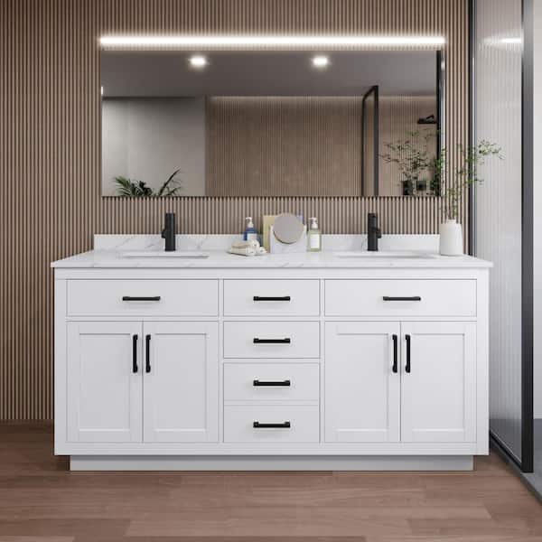 Wyndham Collection Beckett TK 72 in. W x 22 in. D x 35 in. H Double Sink Bath Vanity in White with Matte Black Trim Giotto Quartz Top