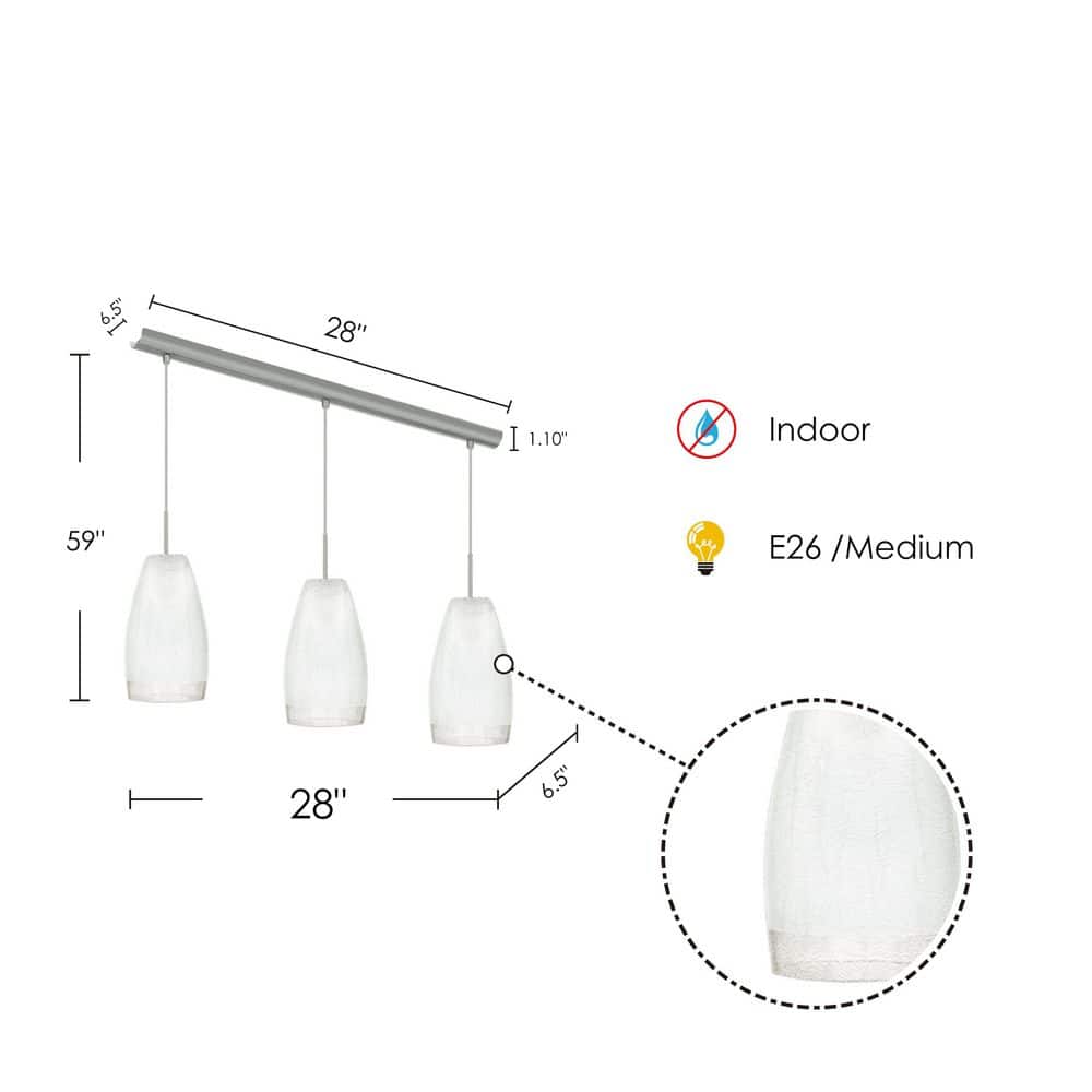 Elegant Matte Nickel 3-Light Pendant with White Crackle Glass Shades