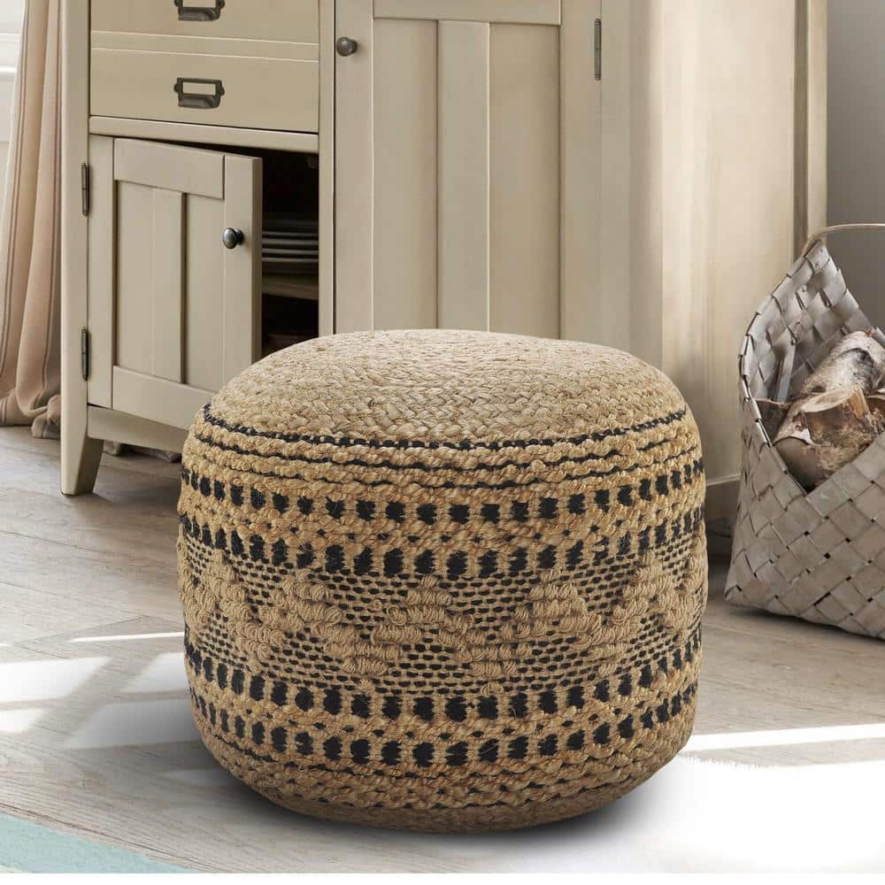 Tan and Black Hand-Woven Jute Cotton Round Pouf