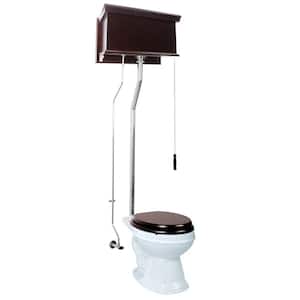 High Tank 1.6 GPF1-Flush Elongated Bowl Toilet in White with Dark Oak Tank and Chrome Pipe Seat not Included