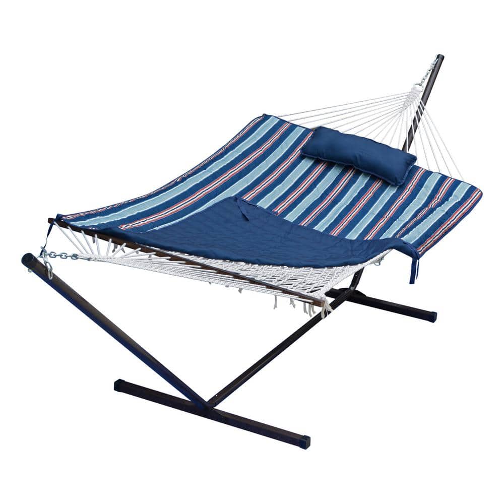 Blue and Red Cotton Rope Hammock with Stand, Pad, and Pillow