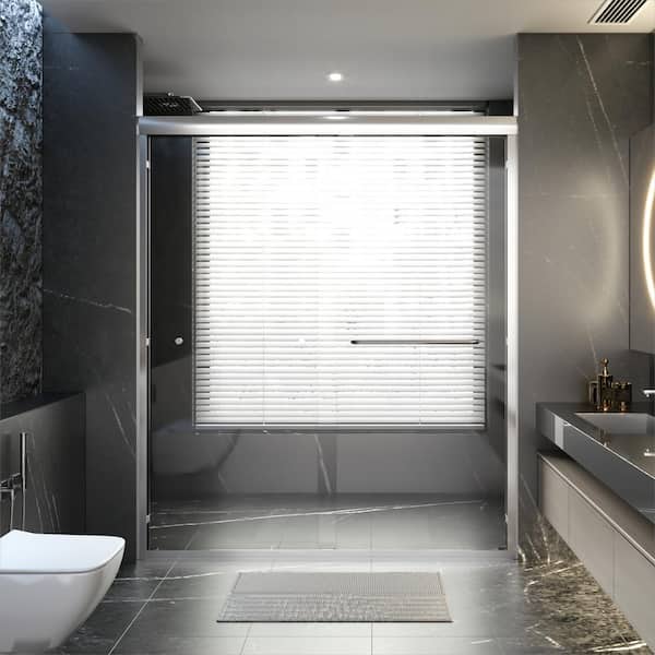 60 in. W x 70 in. H Semi-Frameless Double Sliding Shower Door in Chrome with 1/4 in. Thick Tempered Clear Glass