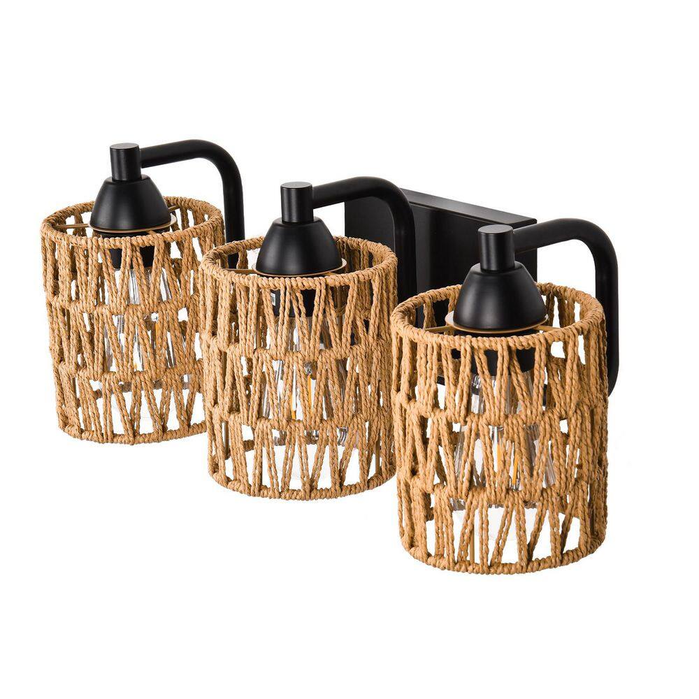 PAKOKULA Boho 18.9 in. 3-Light Matte Black Vanity Light with Yellow ...