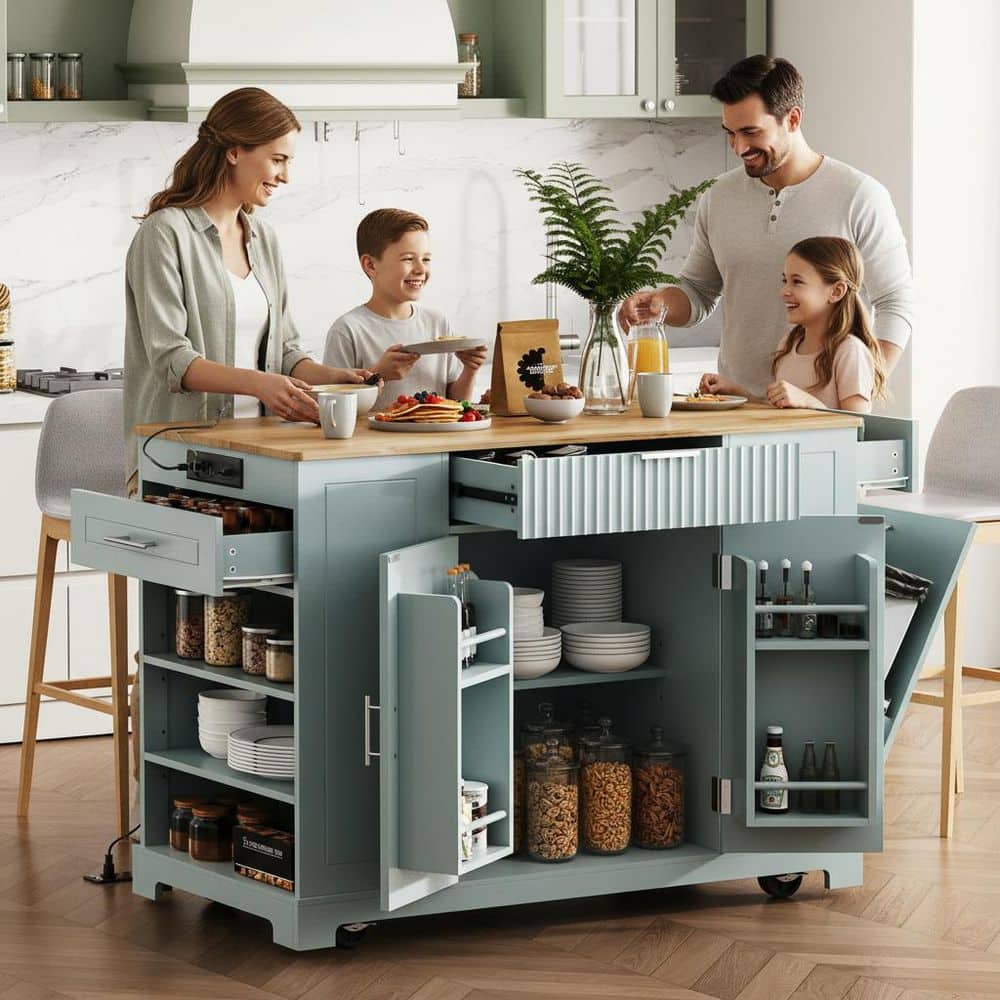 Runesay Fluted Power Outlet Gray Blue Wood 48.5 in. Rolling Kitchen Island  with Trash Can Cabinet and Internal Storage Rack KIPP221571G - The Home ..., image size:1000x1000