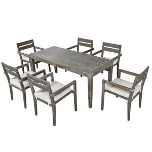 Gray 7-Piece Wood Patio Outdoor Dining Set, Stackable Dining Chairs with Beige Cushions